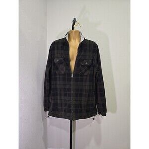 Green Black Plaid Full Zip Chore Barn Fleece Jacket Coat Mens XL Sherpa Collar